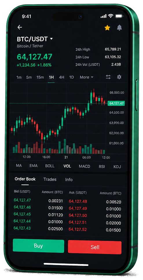Bold Accrudency mobilní obchodní platforma — živý graf BTC/USDT, kniha objednávek a rozhraní nákupu/prodeje